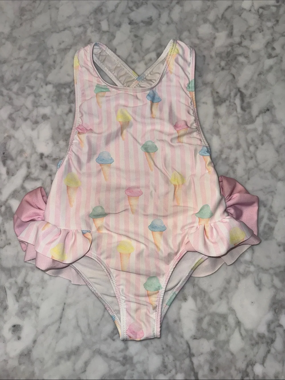 Sal & Pimenta Pink Ice Cream Print Ruffle One-Piece Swimsuit 4T